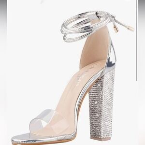 LALA IKAI  Rhinestone High Heels Ankle Strappy Clear Chunky Heels size 7